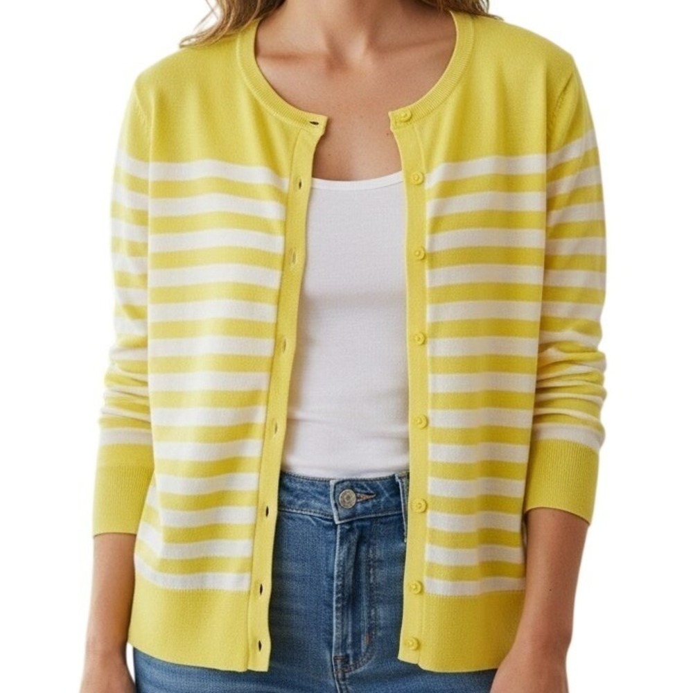 LOFT Yellow Stripe‎ Cardigan M Button Front Preppy Capsule Wardrobe Spring Chic